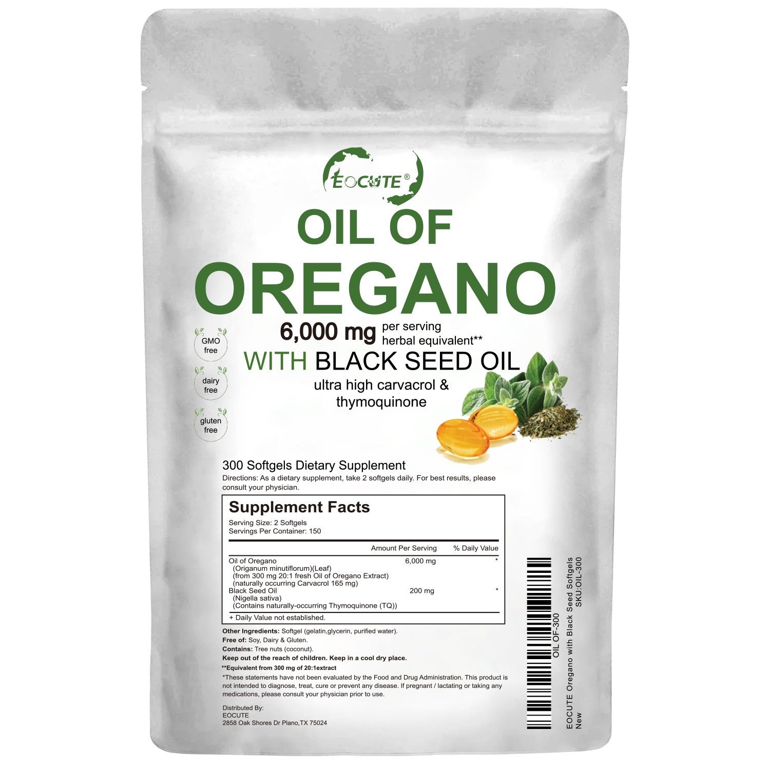 ​​Oil of Oregano 300 Softgels 2 in 1 Black Seed Oil Organic Herbal Supplement